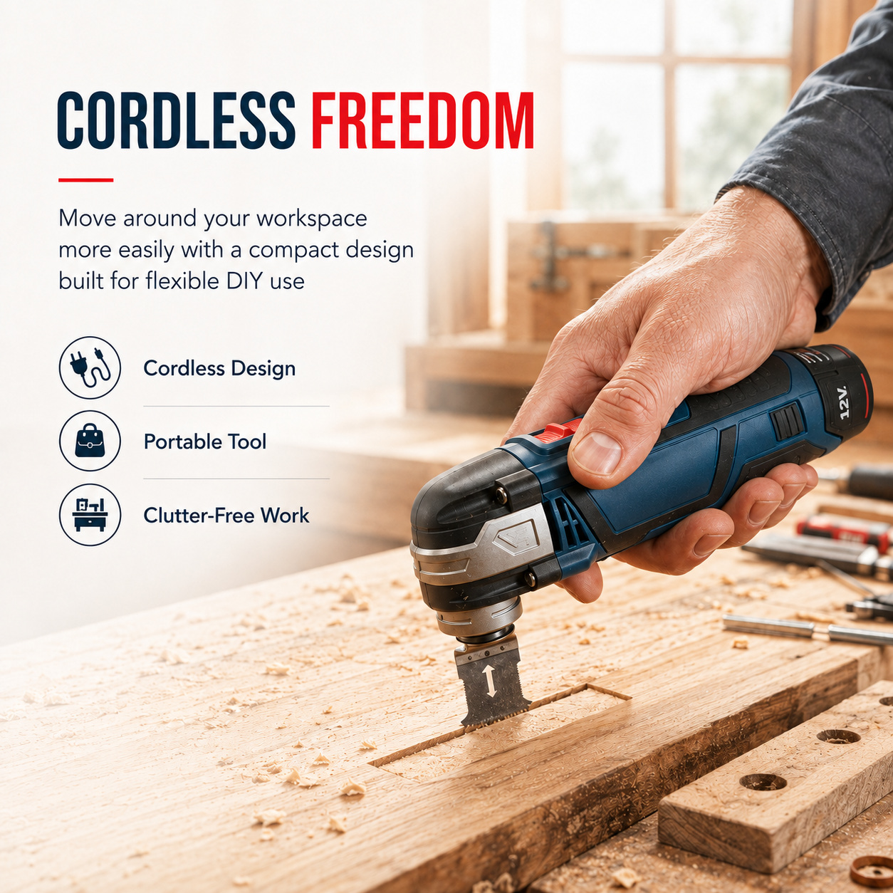 Cordless precision cutter moving freely across a woodworking bench