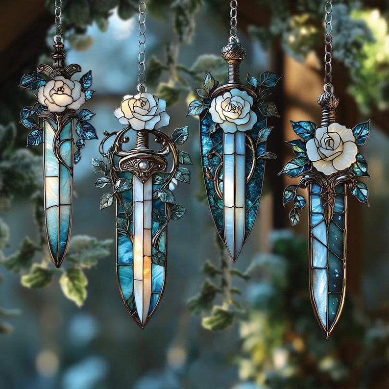 White Rose Sword Acrylic Suncatcher – Faux Stained Glass Fantasy Dagger Window Hanging image 1