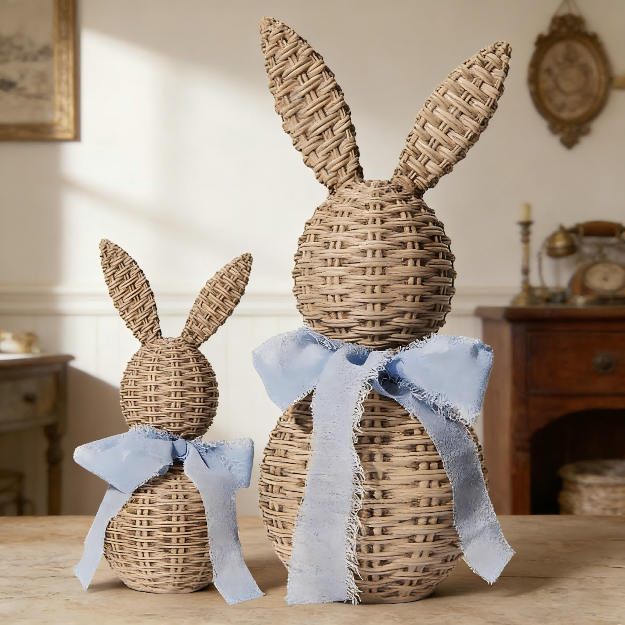 laqbezok 2件套仿藤编复活节兔子摆件，藤条质感塑料兔子雕像，配蓝色蝴蝶结，乡村农舍风格复活节餐桌中心装饰品和置物架复活节装饰品