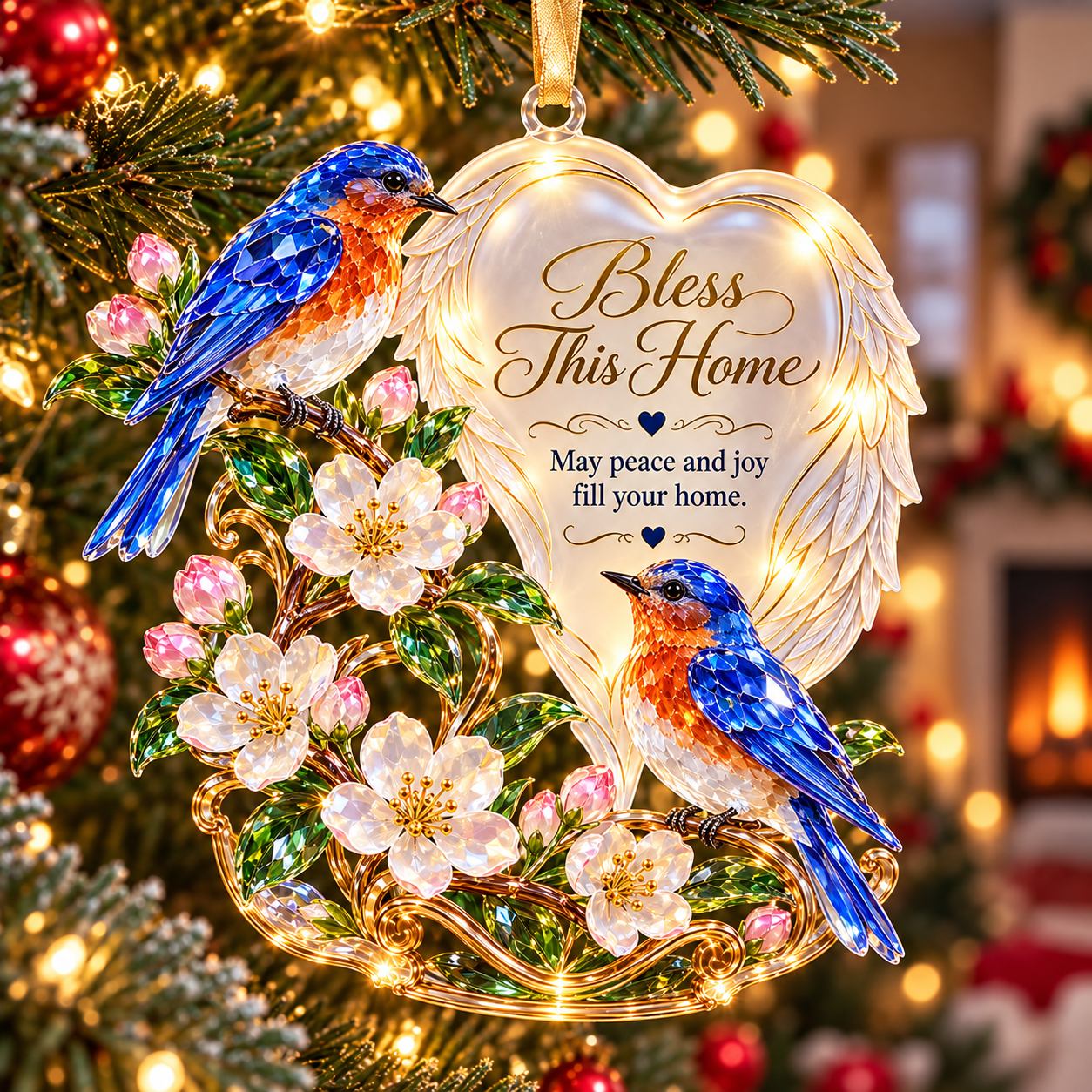 🏡 Bless This Home – Bluebirds angel wings heart Christmas ornament