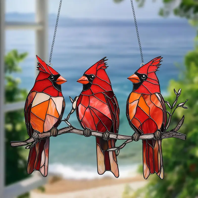3   birds stained glass window hanging acrylic sign 7 9x5 5 inches   decor multi functional bird theme wreath ornament home garden decor perfect gift for   lawn accessories 4