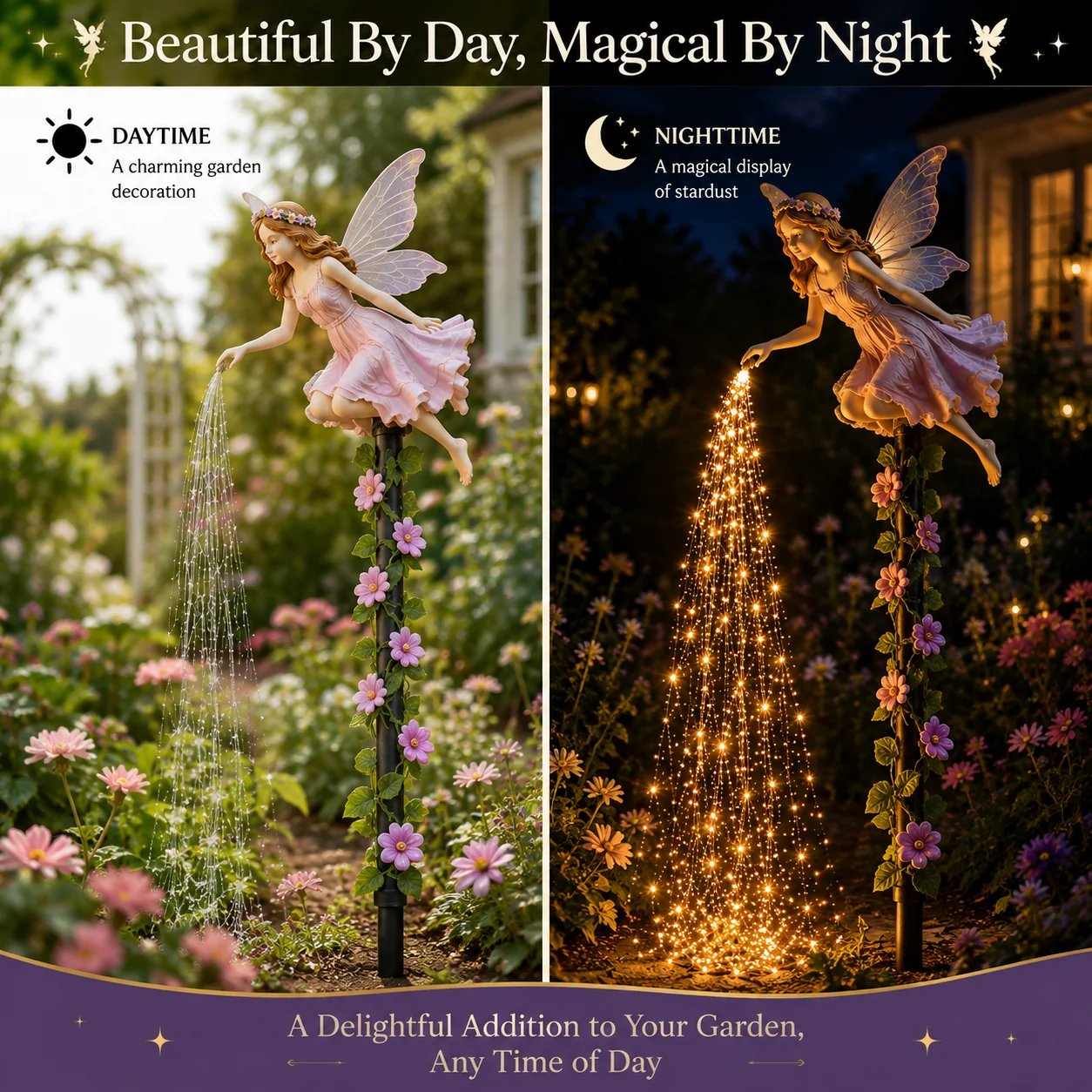 Fairy garden decoration by day and illuminated at night Fairy garden decoration by day and illuminated at night