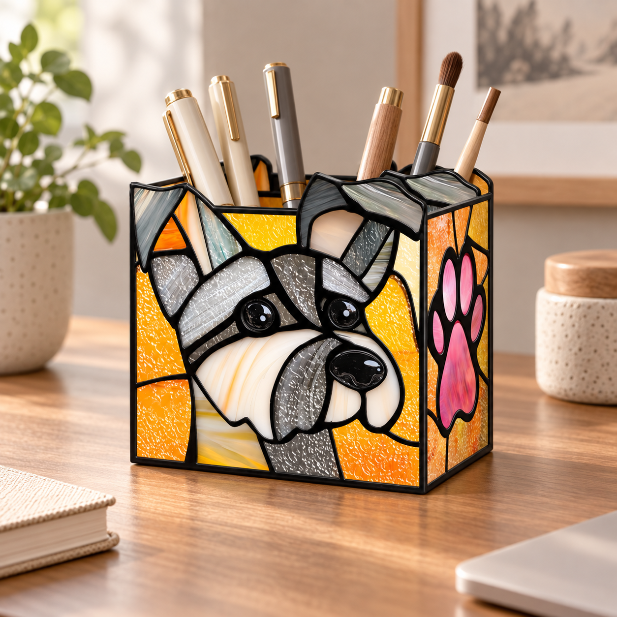 Bulldog stained-glass-style organizer holding pens and makeup brushes