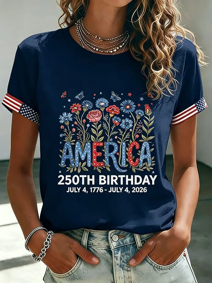 🔥Women's 250 Years Of Freedom Flower Art Print T-shirt