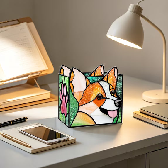 Corgi organizer adding color to a bright study desk