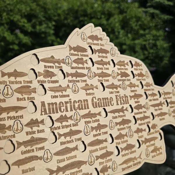🎣 American Game Fish Sign with Hook Cutouts to Track Your Catch