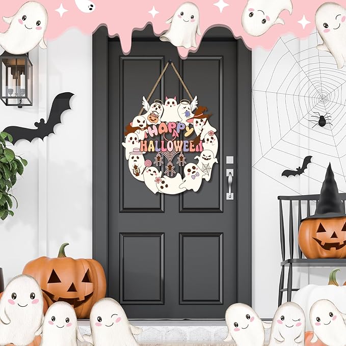 Pink Halloween Door Sign for Front Door Decor 
