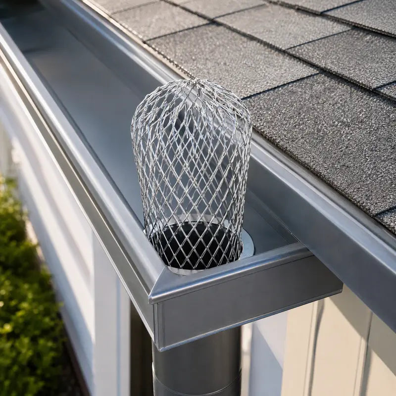 Expandable metal mesh downspout strainer installed in gutter outlet