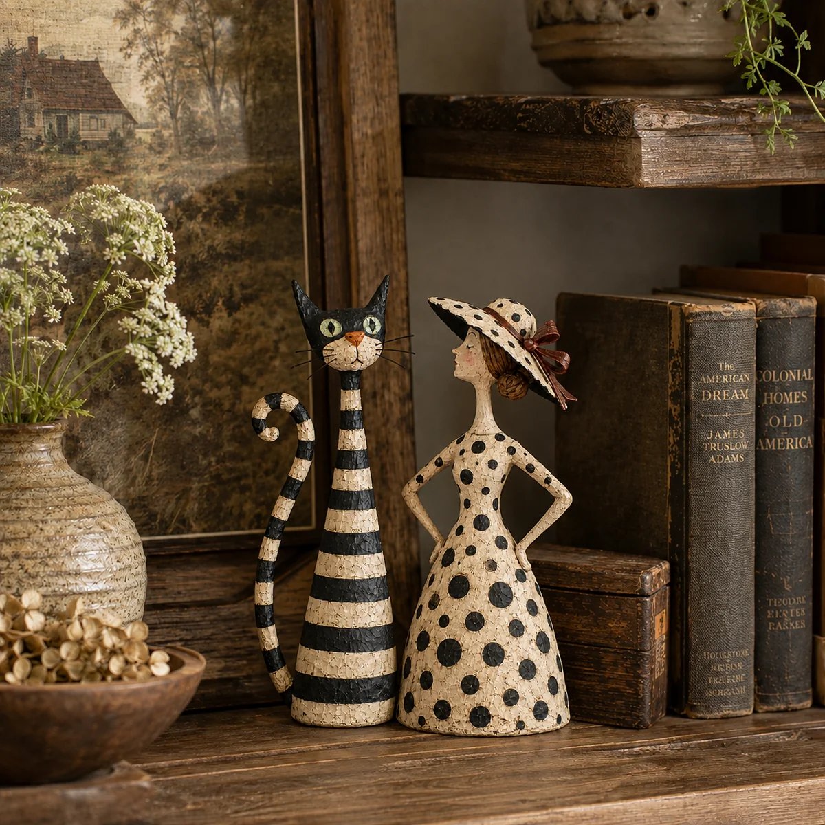 Vintage Cat & Lady Folk Art Figurine Set lifestyle image 2 Vintage Cat & Lady Folk Art Figurine Set lifestyle image 2