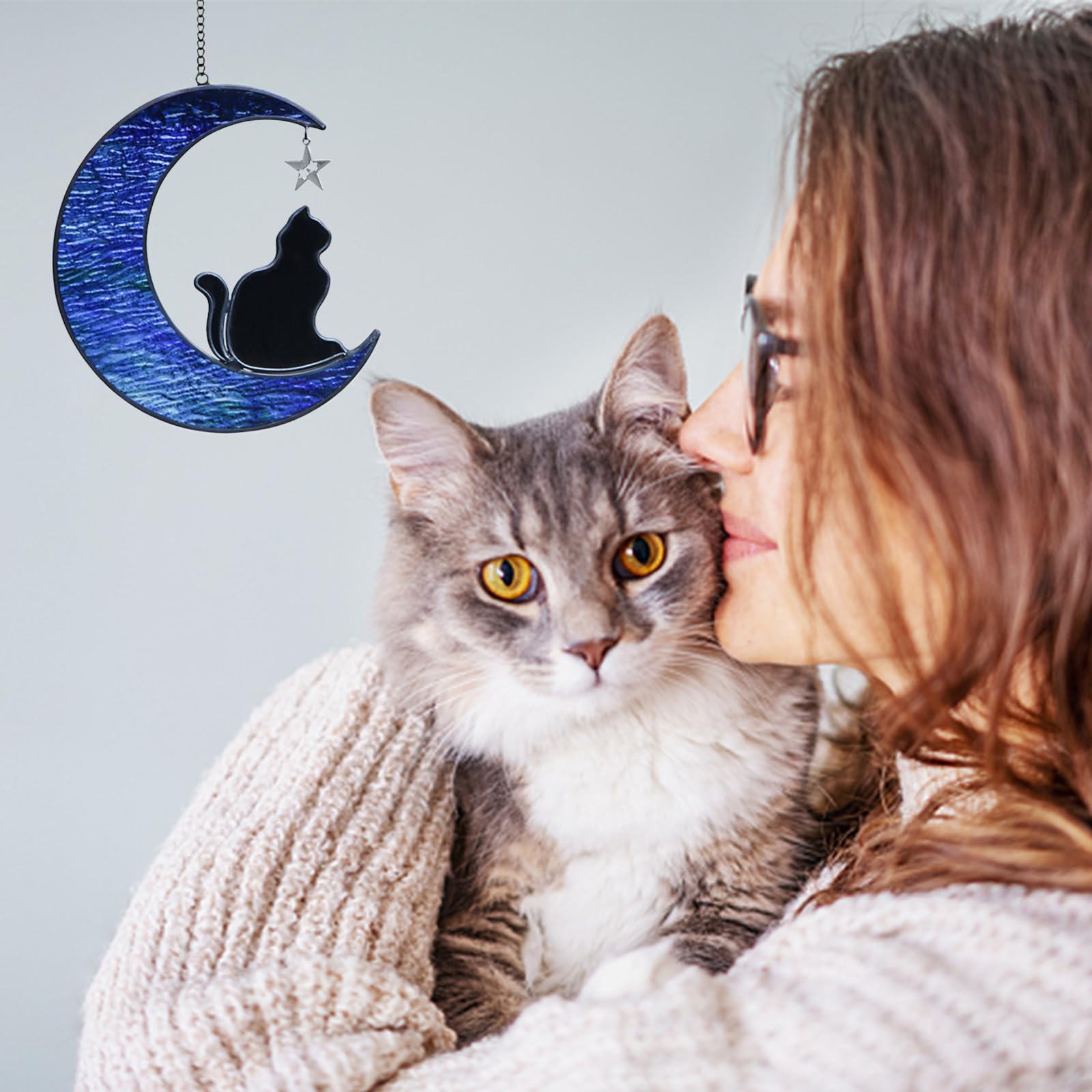 Cat on Moon Stained Glass Window Hangings Sun Catcher