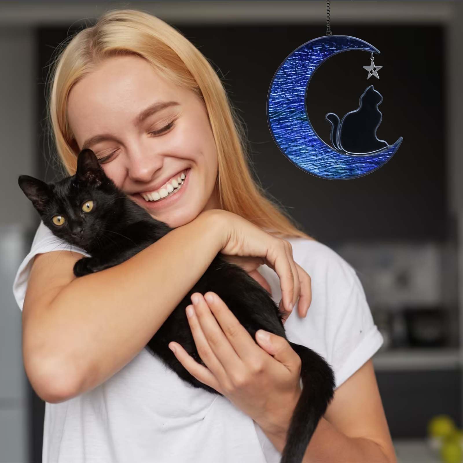 Cat on Moon Stained Glass Window Hangings Sun Catcher