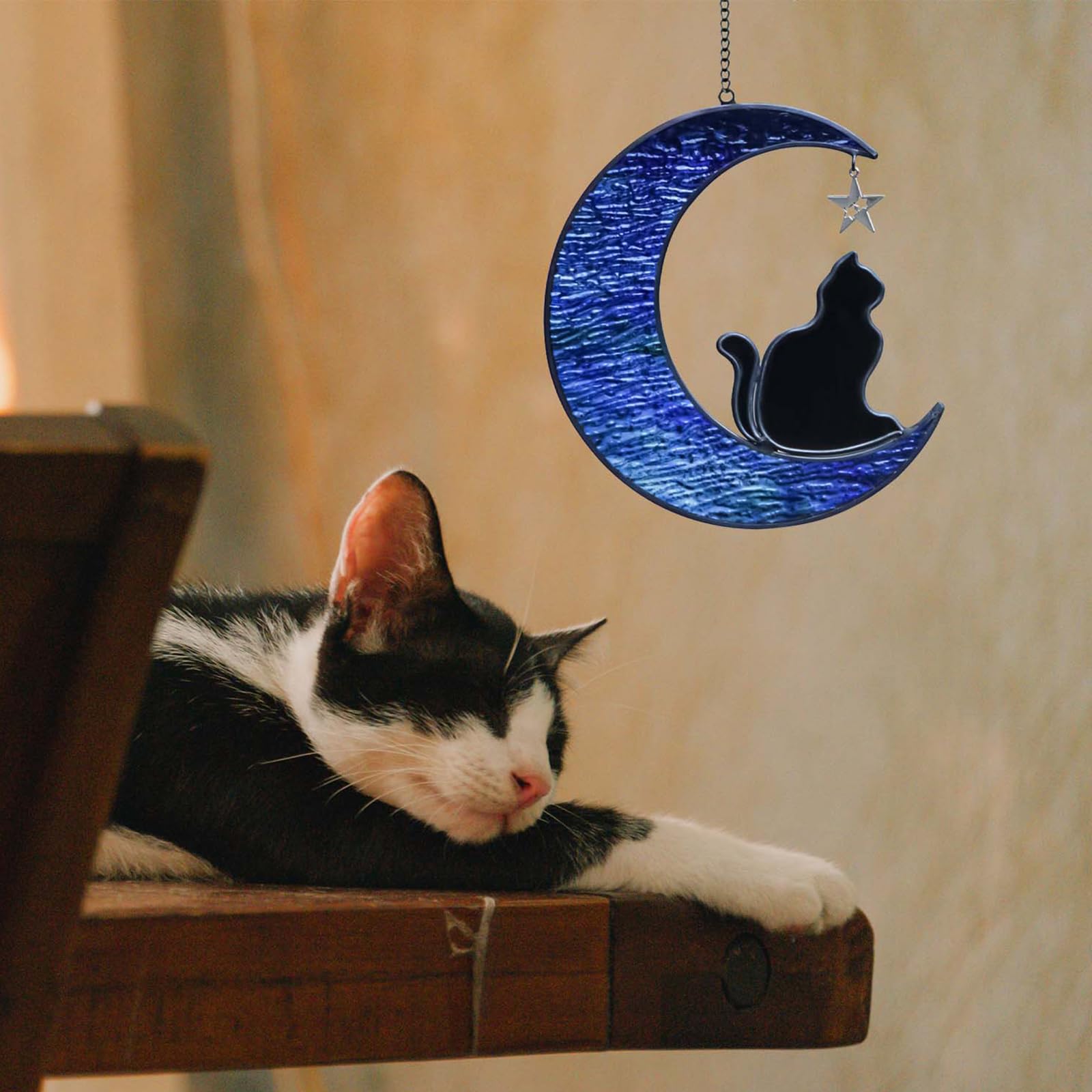 Cat on Moon Stained Glass Window Hangings Sun Catcher