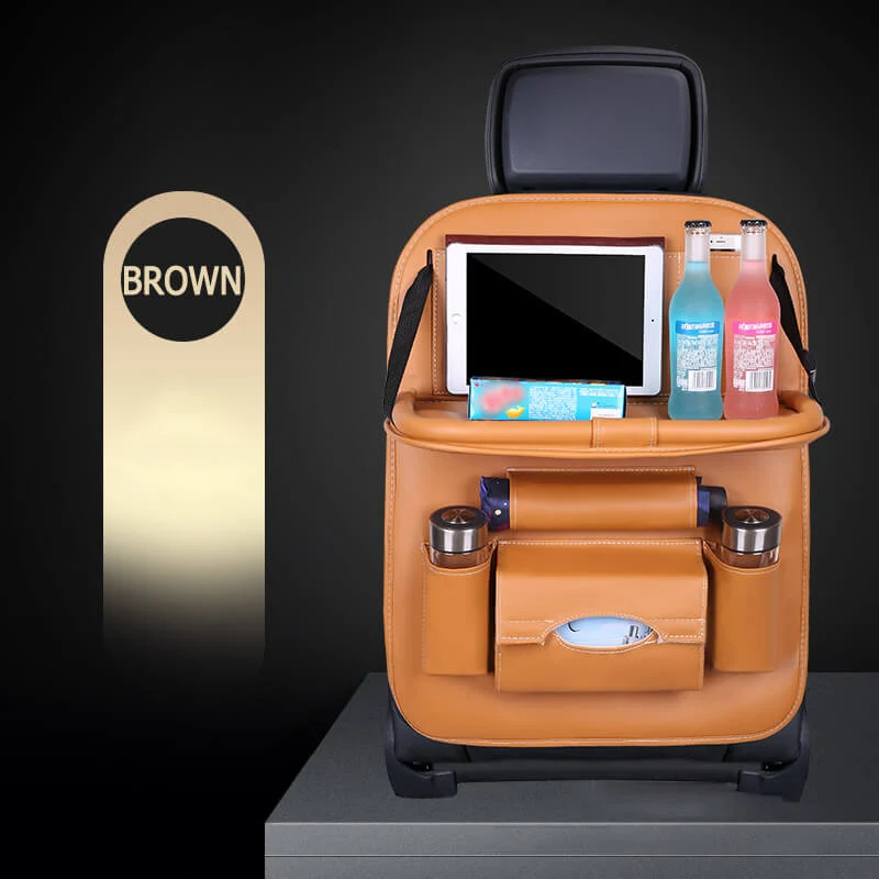 Car Back Seat Leather Organizer Storage Bag with Foldable Table
