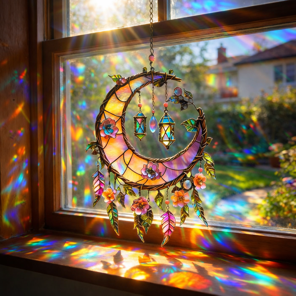 🌙Hand-Painted Moon and Floral Window Decor💖