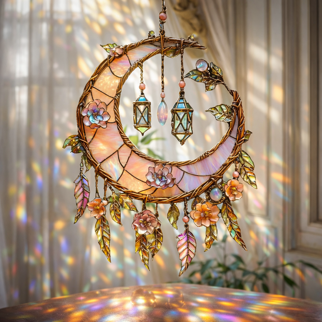 🌙Hand-Painted Moon and Floral Window Decor💖