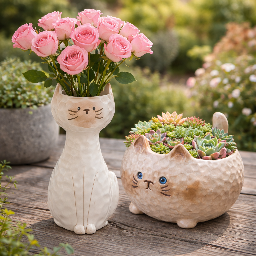 🌸 Siamese Cat Ceramic Vase & Succulent Planter