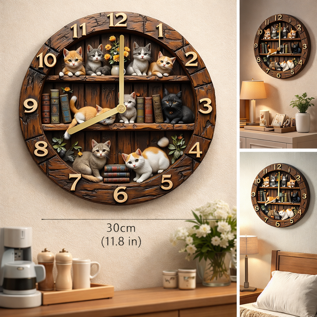 3D Cat-Themed Decorative Wall Clock 12”