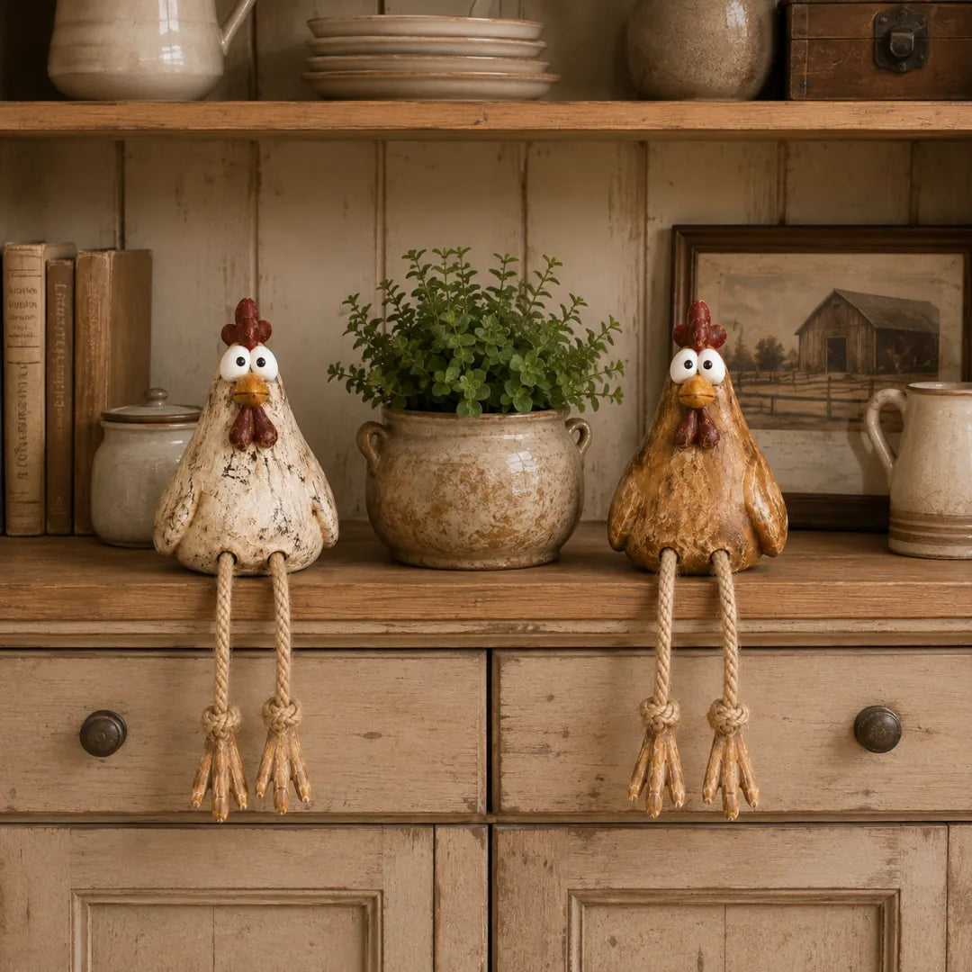 Tall and short cottage goose figurines wearing bows and boots