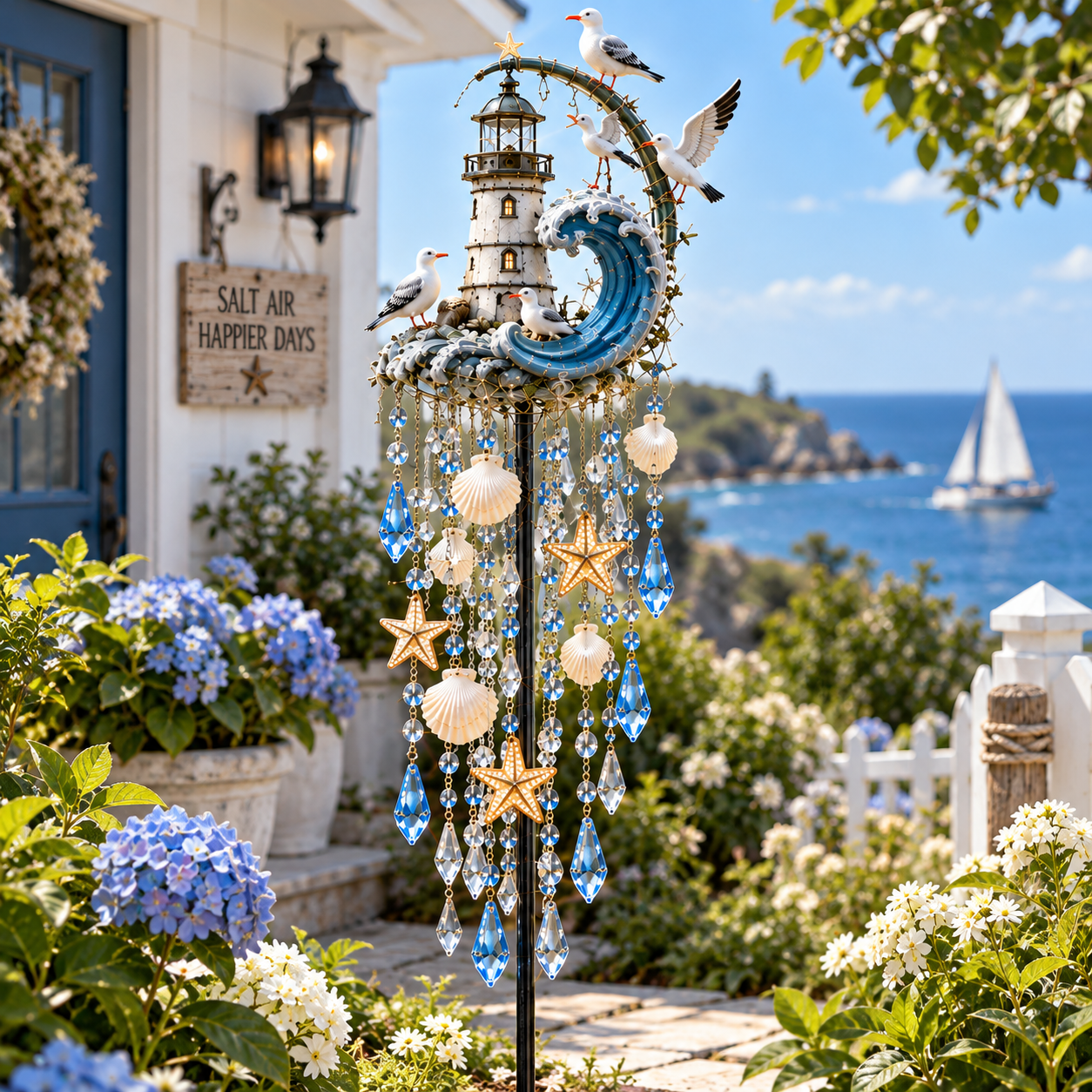 Daytime view of Lighthouse Tide Glow garden stake with blue wave and hanging shells