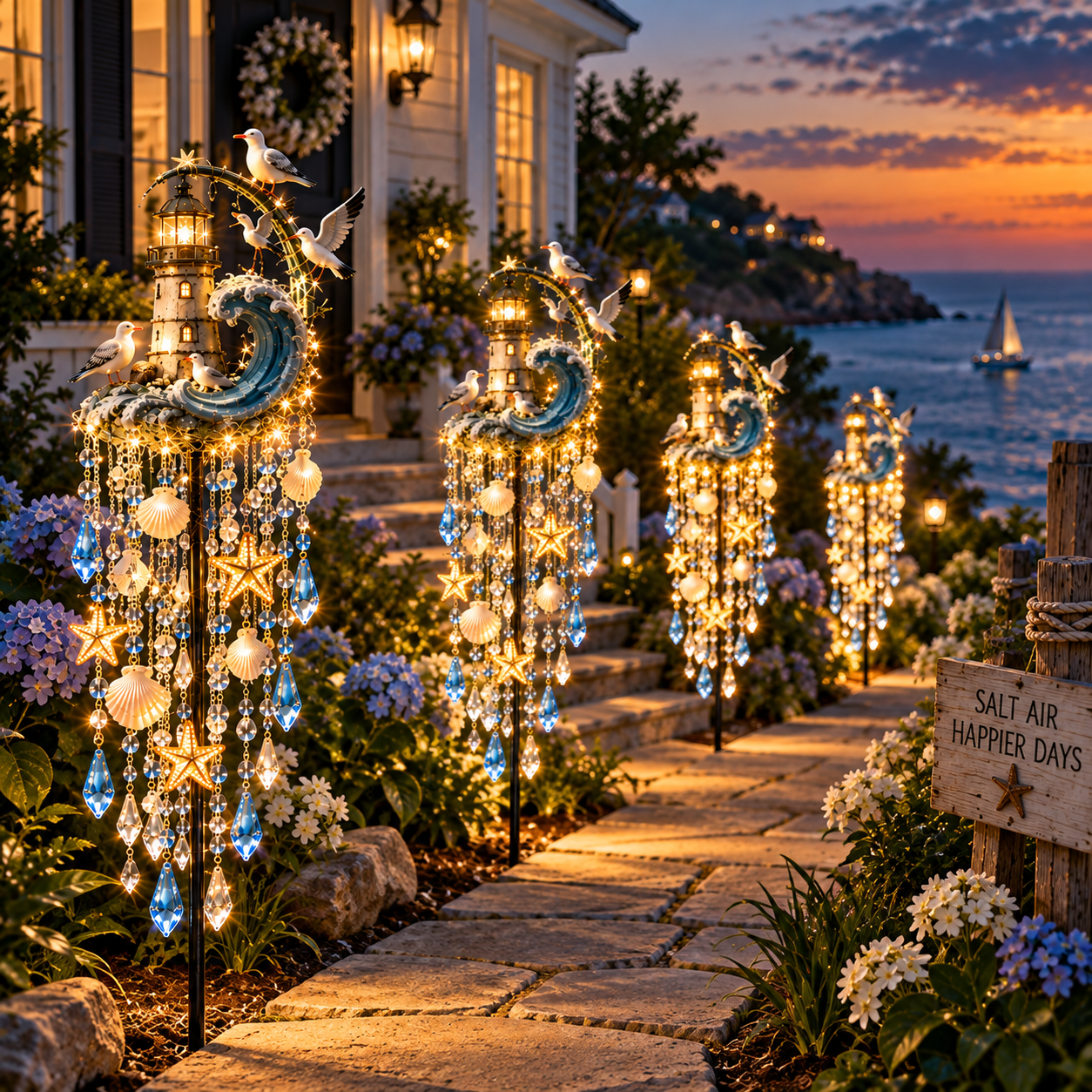 Four matching Lighthouse Tide Glow garden stake lights decorating a coastal walkway