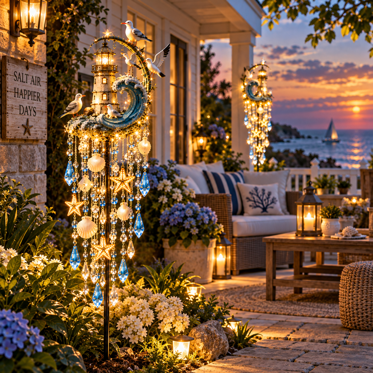 Cozy coastal patio with Lighthouse Tide Glow garden stake light and flowers