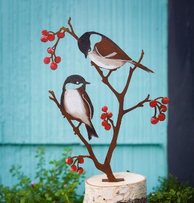 Metal Hand Painted Chickadees and Berries Garden Art