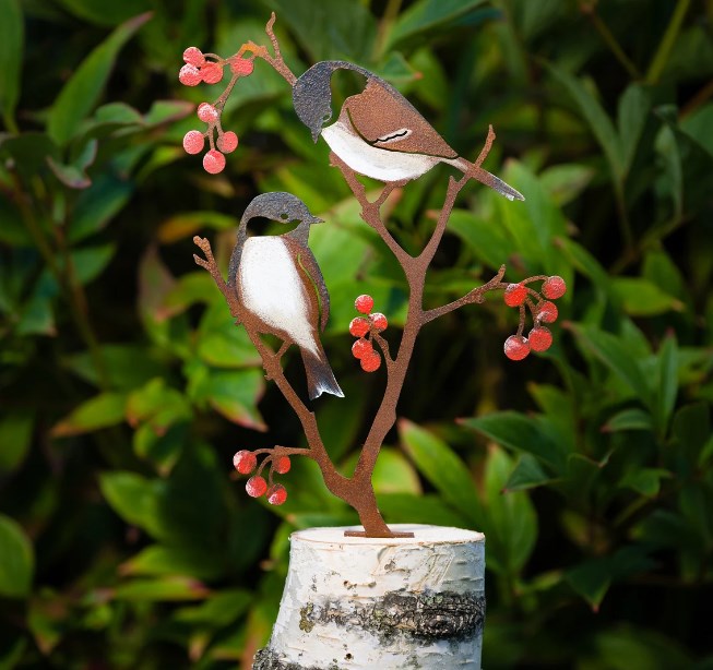 Metal Hand Painted Chickadees and Berries Garden Art
