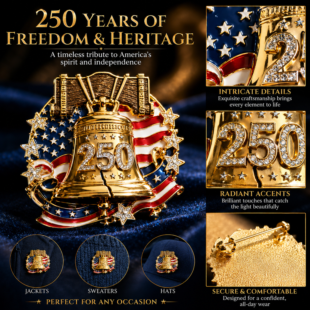 USA 250th Anniversary Rhinestone Brooch