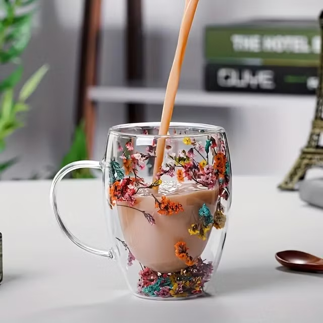 Dried Flower Double Layer Glass Coffee Cup