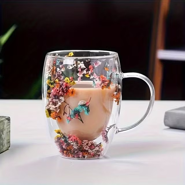 Dried Flower Double Layer Glass Coffee Cup