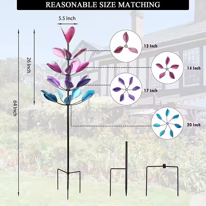 Garden Colorful Flower Pile Metal Windmill