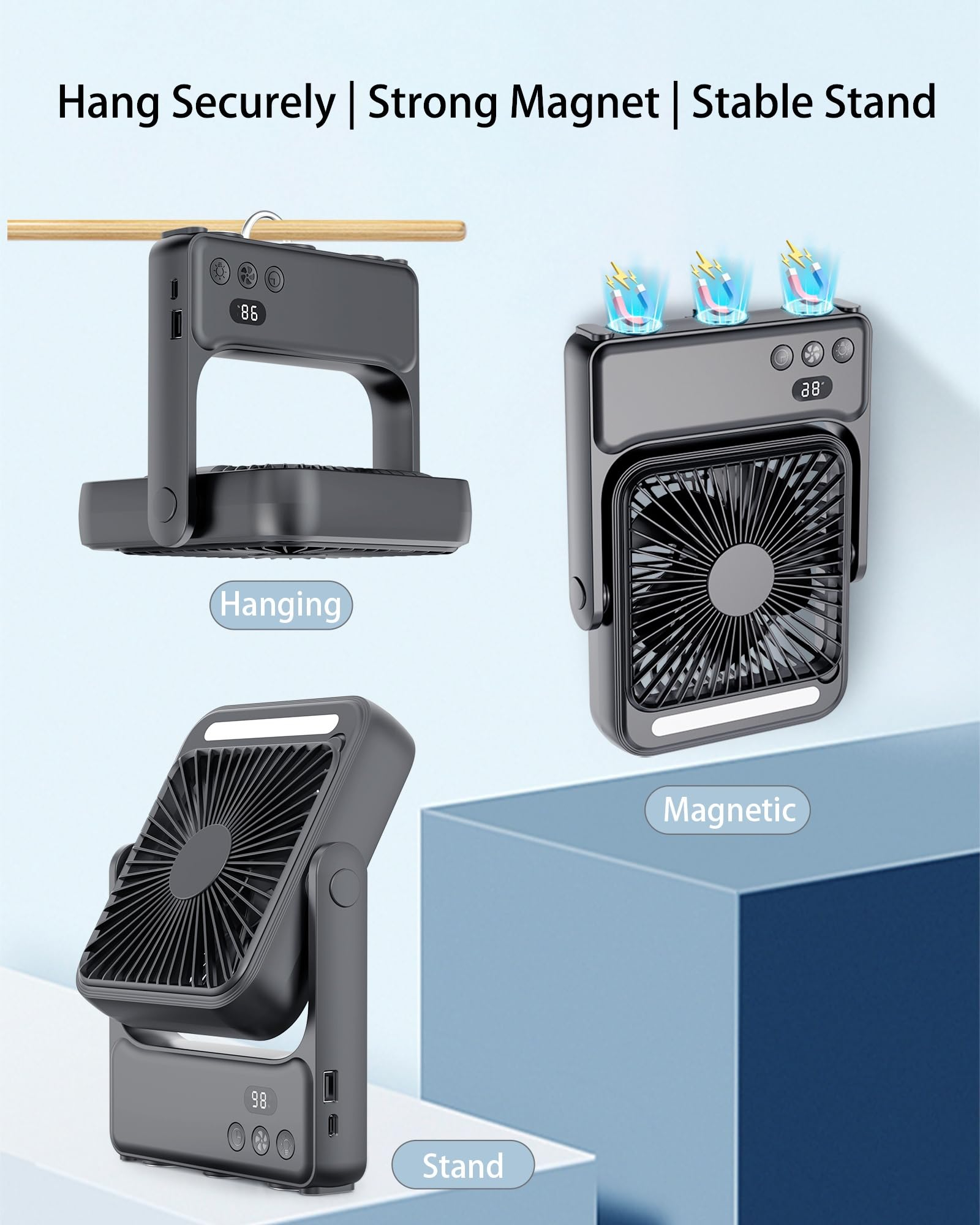 🔋 10000mAh Magnetic Portable Fan with Light & Remote – All-in-One Cooling Solution ✨