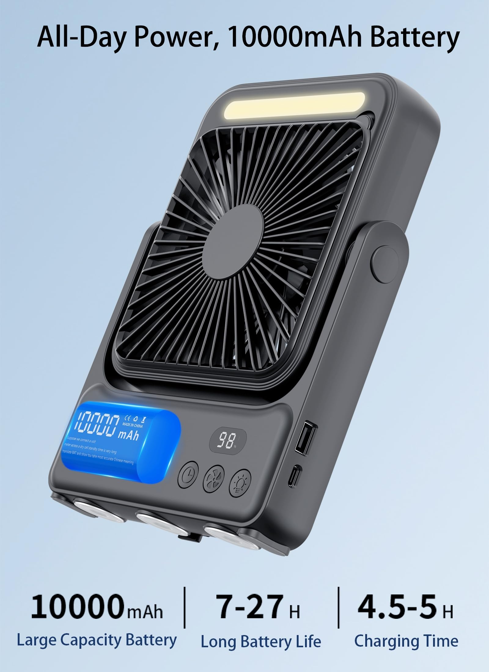 🔋 10000mAh Magnetic Portable Fan with Light & Remote – All-in-One Cooling Solution ✨