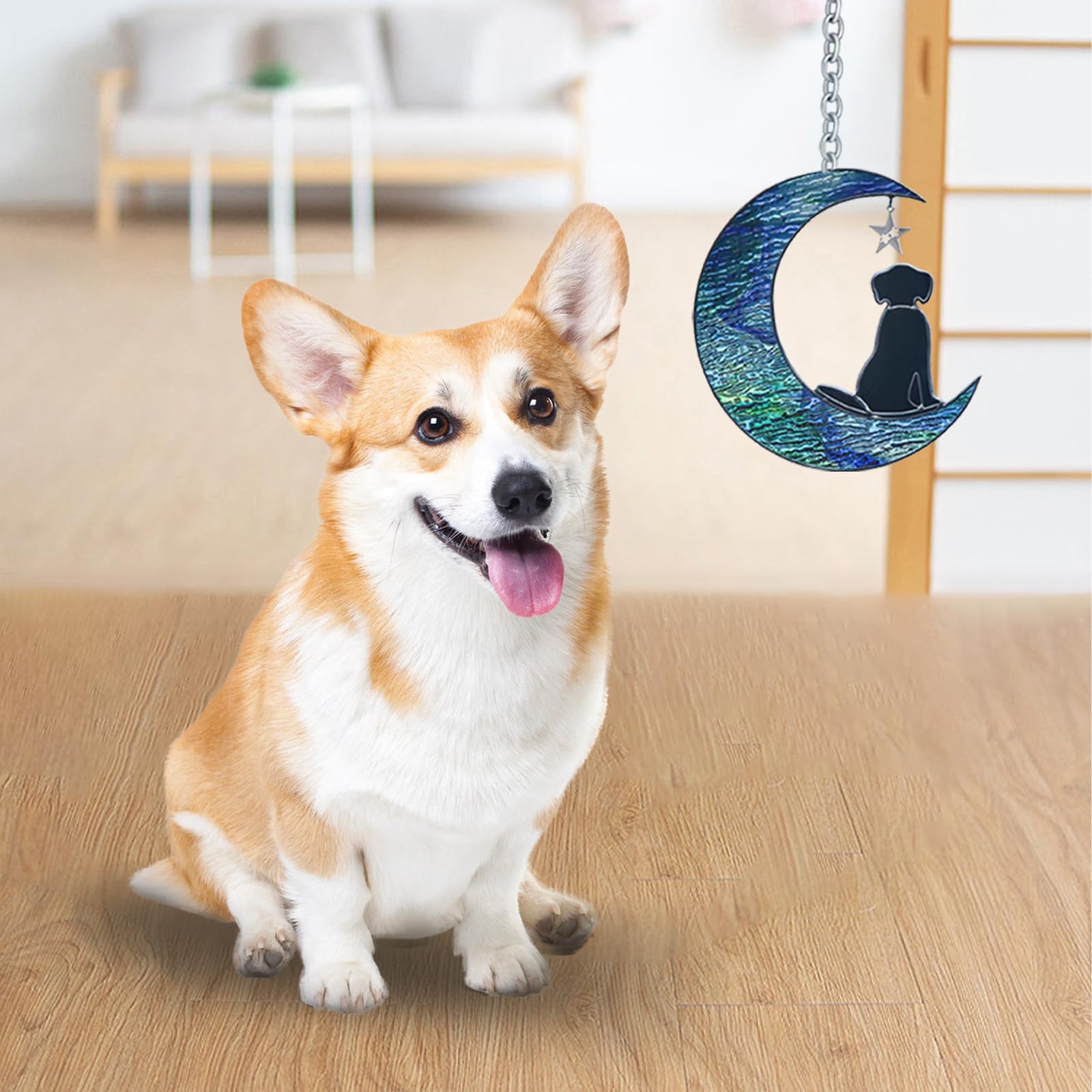 Dog Decor Stained Glass Moon Suncatchers Window Hanging
