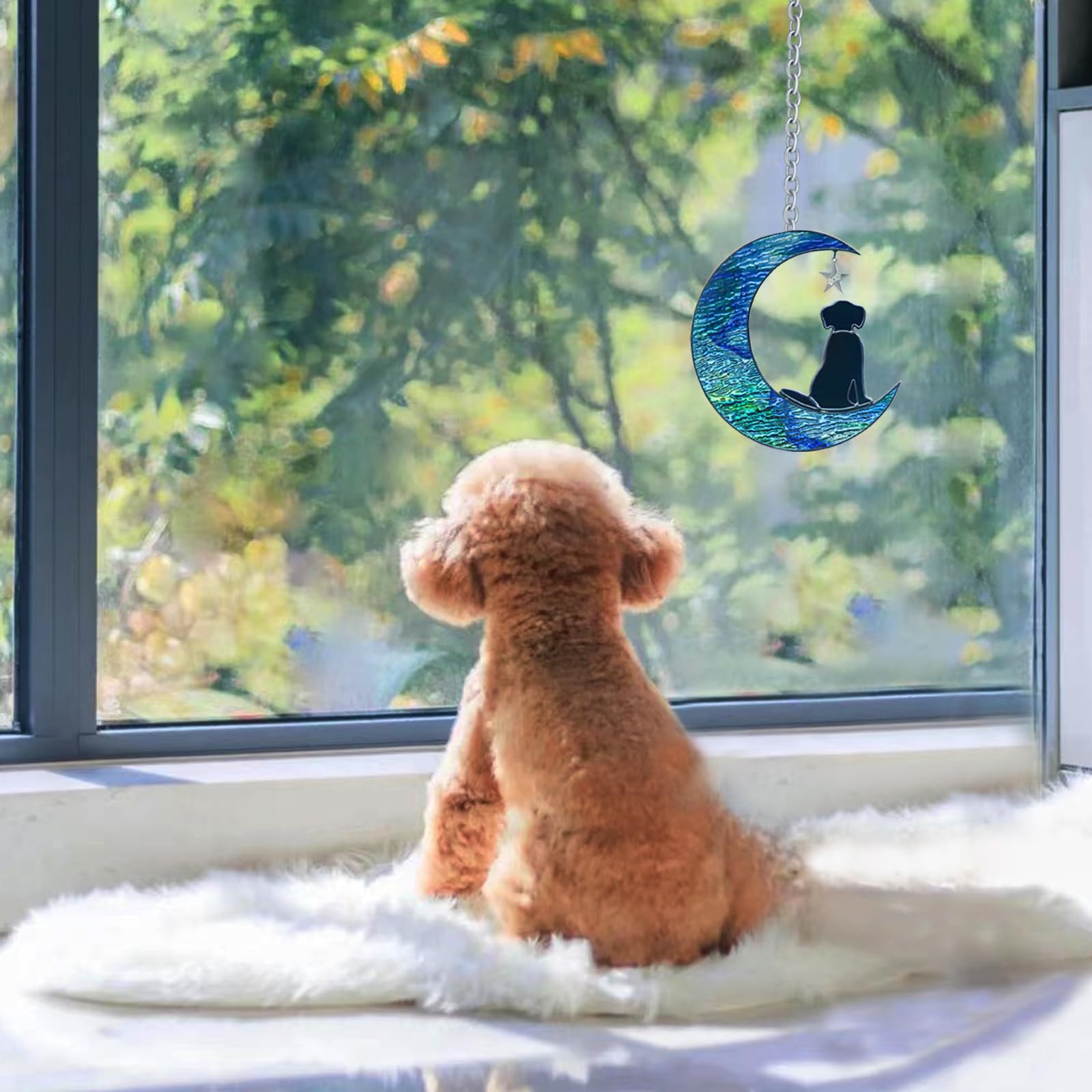 Dog Decor Stained Glass Moon Suncatchers Window Hanging