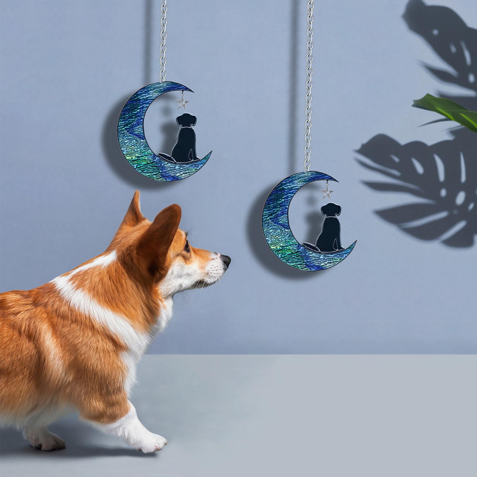 Dog Decor Stained Glass Moon Suncatchers Window Hanging