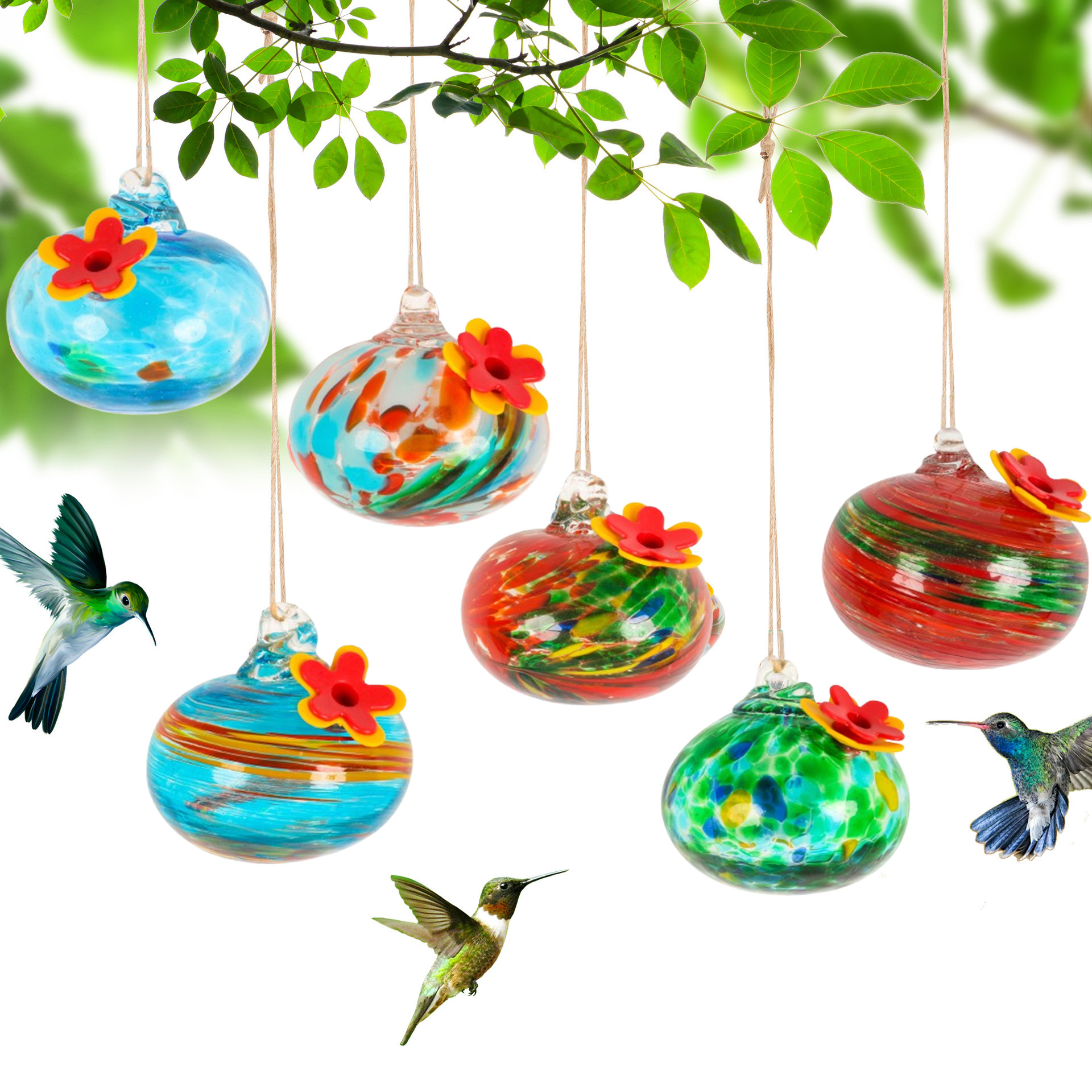 Handcrafted Glass Hummingbird Feeder with Flower Decoration