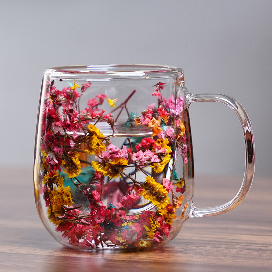 Handmade Dried Flowers Double Walled Crystal Coffee Mugs