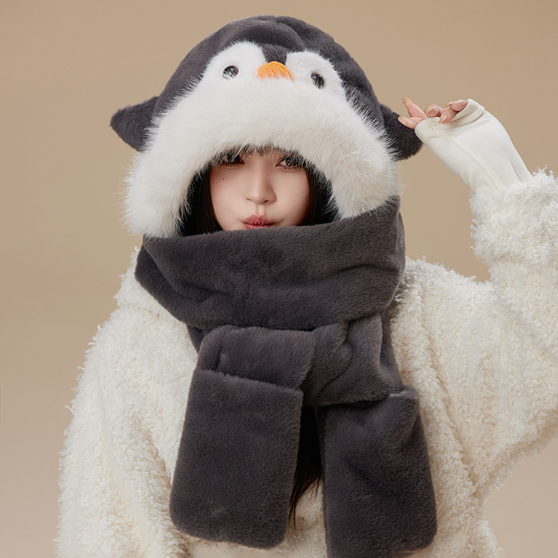 3-in-1 Plush Animal Hooded Scarf with Mittens