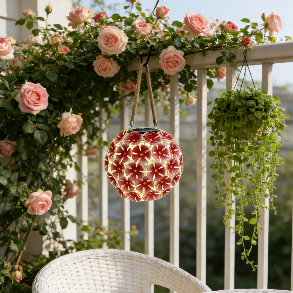 Solar Lantern Pink Metal Flower Ball Light