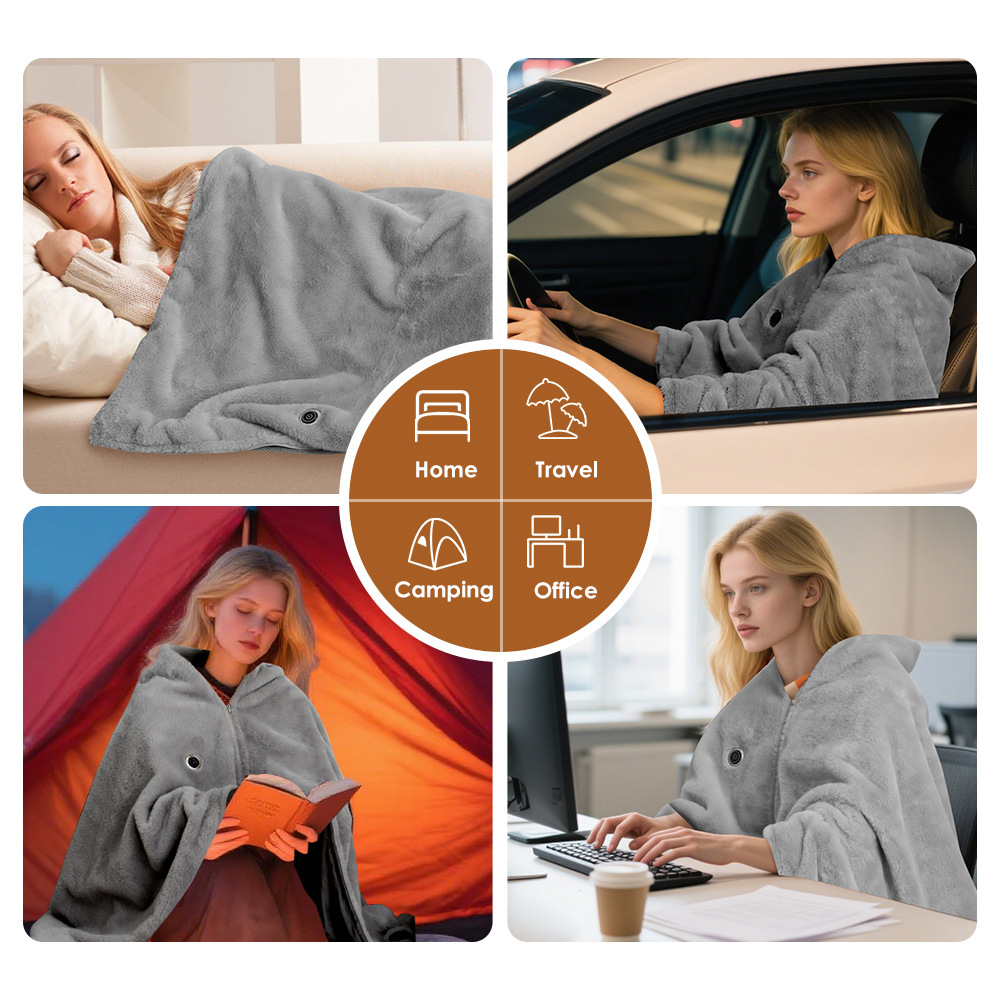Portable Soft Zipper Electric Heated Blanket Shawl