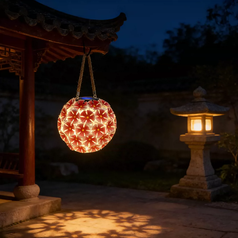 Solar Lantern Pink Metal Flower Ball Light