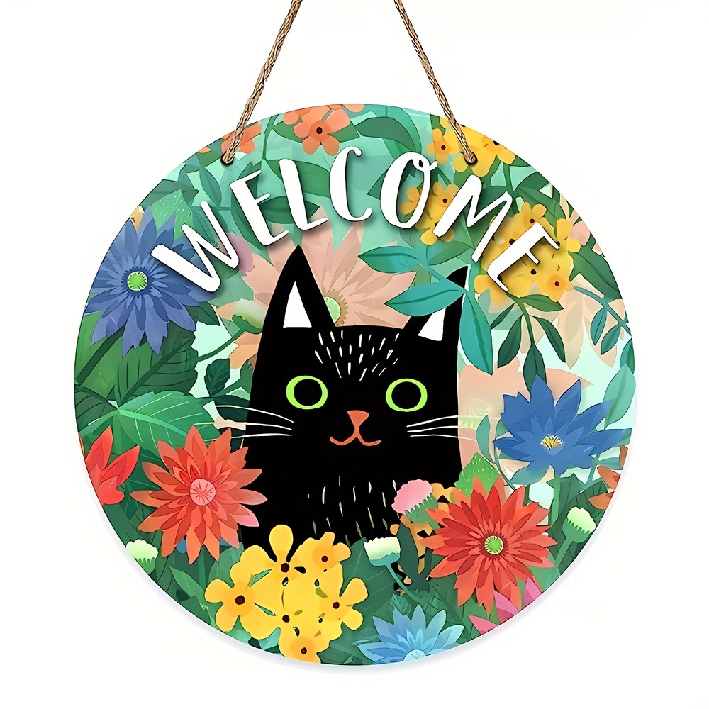 Spring's Furry Welcome!-Black Cat Doorplate with Daisy Wreath-Patriotic Cat Lover's Dream!