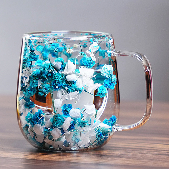 Handmade Dried Flowers Double Walled Crystal Coffee Mugs