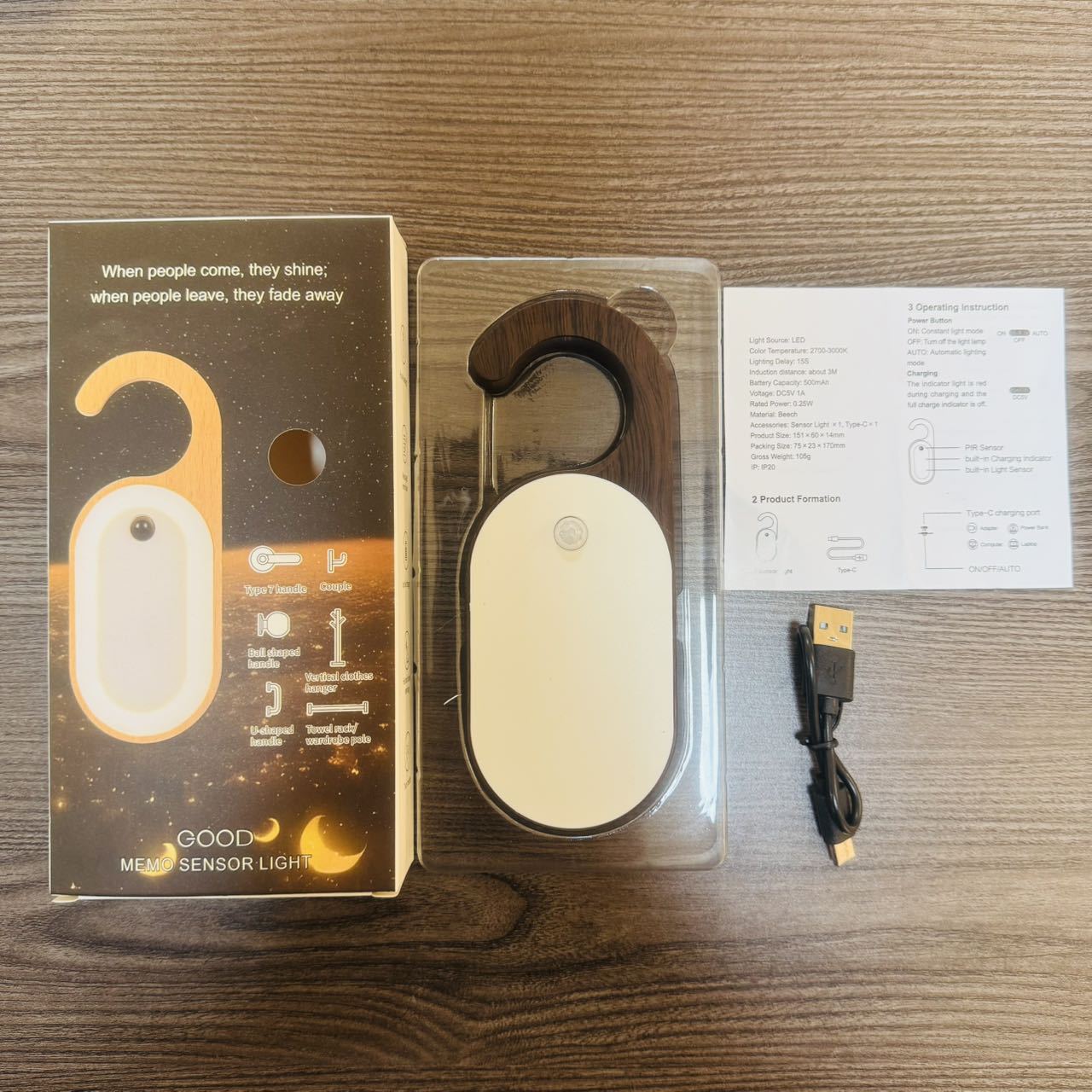 Rechargeable Smart Keyhole Light- Motion-Activated Wooden Door Lamp