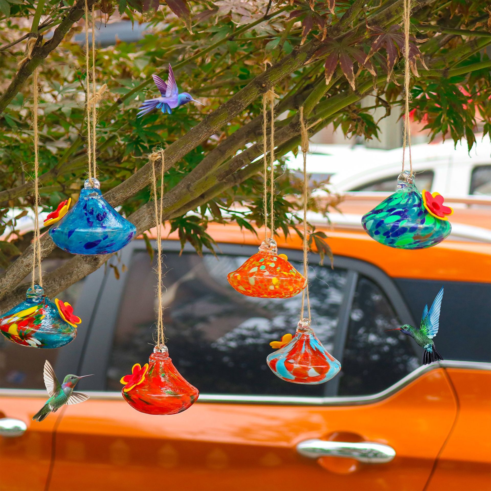 Handcrafted Glass Hummingbird Feeder with Flower Decoration