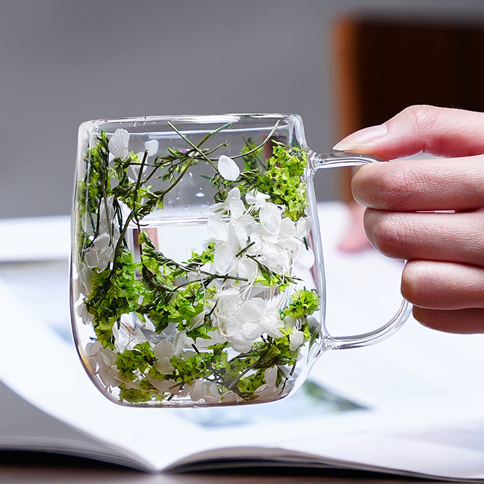 Handmade Dried Flowers Double Walled Crystal Coffee Mugs