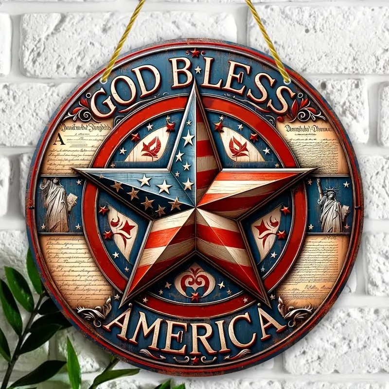 Liberty Circle Door Wreath –8” Patriotic Wooden Sign for 4th of July & Memorial Day