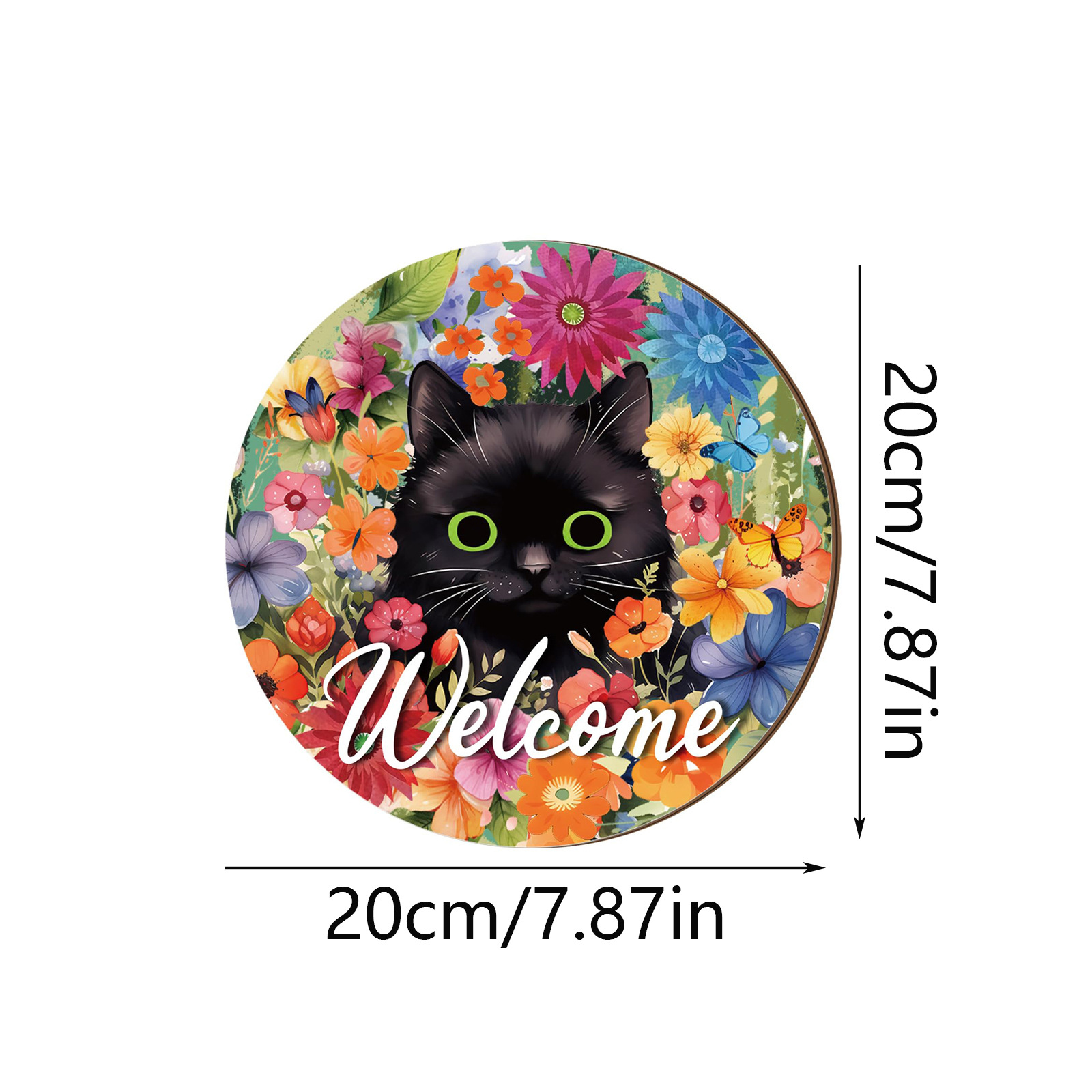 Spring's Furry Welcome!-Black Cat Doorplate with Daisy Wreath-Patriotic Cat Lover's Dream!
