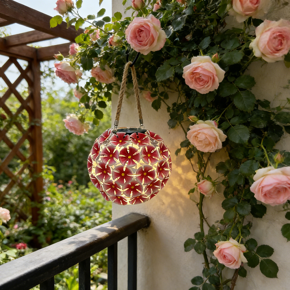 Solar Lantern Pink Metal Flower Ball Light